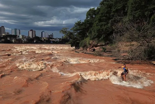 Brazilian surfer Paulo Guido surfes on the Doce River in Governador Valadares, Brazil, on January 9, 2021. With the arrival of the rainy season in Minas Gerais, the level of the Doce River rises and favors the practice of the sport, as the state is not bathed by the sea. (Photo by Douglas Magno/AFP Photo)