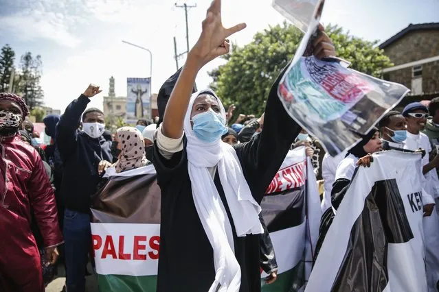 Demonstrators in Nairobi, Kenya,on Thursday May 13, 2021 rallied to denounce the ongoing crackdown at the Al-Aqsa Mosque compound in Jerusalem's Old City, as well as Israeli plans to forcefully expel Palestinians from their homes in occupied East Jerusalem. Some protesters carried banners reading “Free Palestine”. (Photo by Brian Inganga/AP Photo)