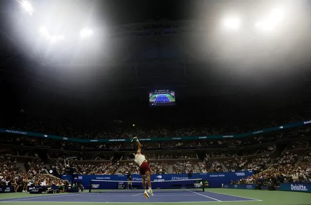Spain's Carlos Alcaraz in action during his quarter final match against Germany's Alexander Zverev at the U.S. Open in Flushing Meadows, New York on September 7, 2023. (Photo by Shannon Stapleton/Reuters)