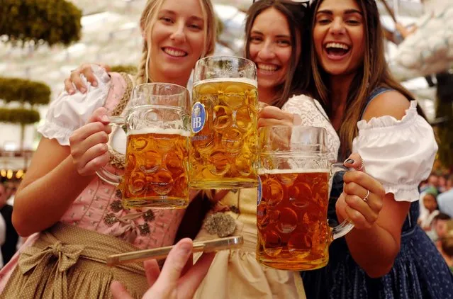 Revelers drink beer out of traditional beer mugs inside the Hofbraeu tent on the opening day of the 2023 Munich Oktoberfest on September 16, 2023 in Munich, Germany. This year's Oktoberfest will run through October 3 and is expected to draw millions of visitors. (Photo by Johannes Simon/Getty Images)