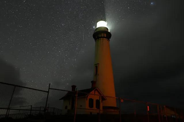 Quadrantids meteor shower over Pigeon Point Light Station in Pescadero, California, United States on January 4, 2024. (Photo by Tayfun Coskun/Anadolu via Getty Images)
