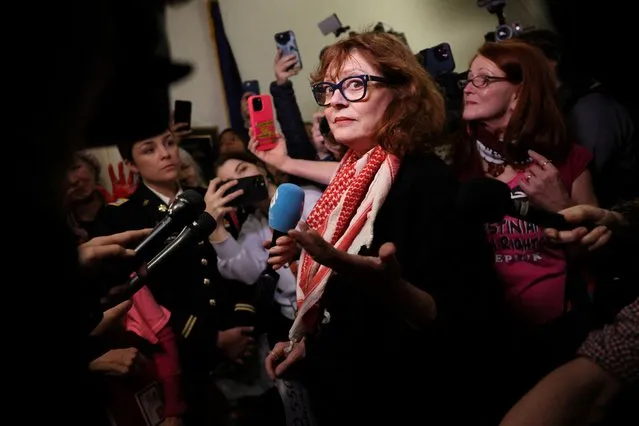 Actor and activist Susan Sarandon gives a statement to members of the news media against U.S. funding to Israel and in support of Gaza and a ceasefire, as she visits the office of House Minority Leader Hakeem Jeffries (D-NY) during an “advocacy day” organized by CODEPINK on Capitol Hill in Washington, U.S., February 15, 2024. (Photo by Leah Millis/Reuters)