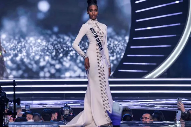 Miss South Africa, Lalela Mswane, presents herself on stage during the preliminary stage of the 70th Miss Universe beauty pageant in Israel's southern Red Sea coastal city of Eilat on December 10, 2021. (Photo by Menahem Kahana/AFP Photo)