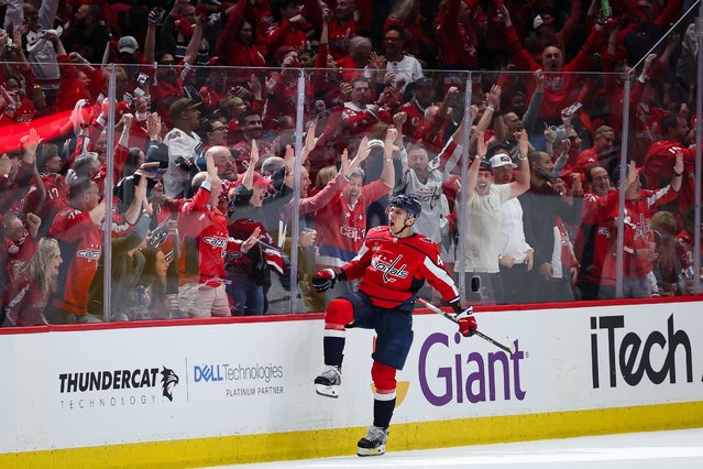 Martin Fehervary #42 of the Washington Capitals celebrates a goal during Game Four of the First Round of the 2024 Stanley Cup Playoffs against the New York Rangers at Capital One Arena on April 28, 2024 in Washington, DC. (Photo by Scott Taetsch/Getty Images/AFP Photo)