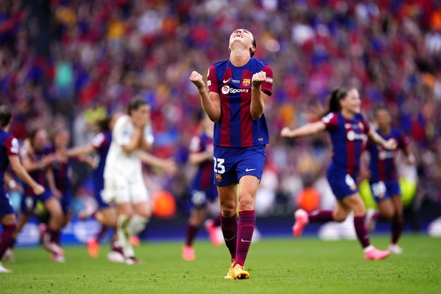 Barcelona's Ingrid Syrstad Engen celebrates after winning the women's Champions League final soccer match between FC Barcelona and Olympique Lyonnais at the San Mames stadium in Bilbao, Spain, Saturday, May 25, 2024. Barcelona won 2-0. (Photo by Jose Breton/AP Photo)