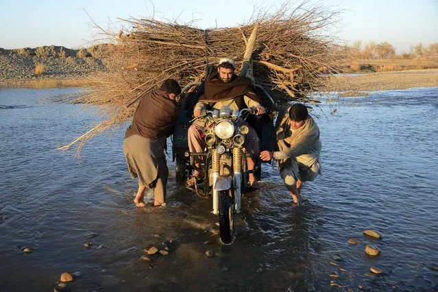 Men cross the Arghandab river on their three-wheeler laden with shrubs on the outskirts of Kandahar on January 24, 2022. (Photo by Javed Tanveer/AFP Photo)