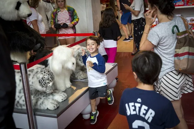 A young boy jumps as he sees a large stuffed panda July 15, 2015. (Photo by Lucas Jackson/Reuters)