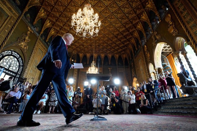 Republican presidential nominee former President Donald Trump arrives for a news conference at his Mar-a-Lago estate Thursday, August 8, 2024, in Palm Beach, Fla. (Photo by Alex Brandon/AP Photo)