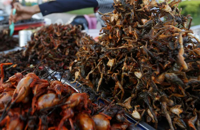 A man prepares fried insects for sale along a street in Phnom Penh, Cambodia, April 10, 2017. (Photo by Samrang Pring/Reuters)
