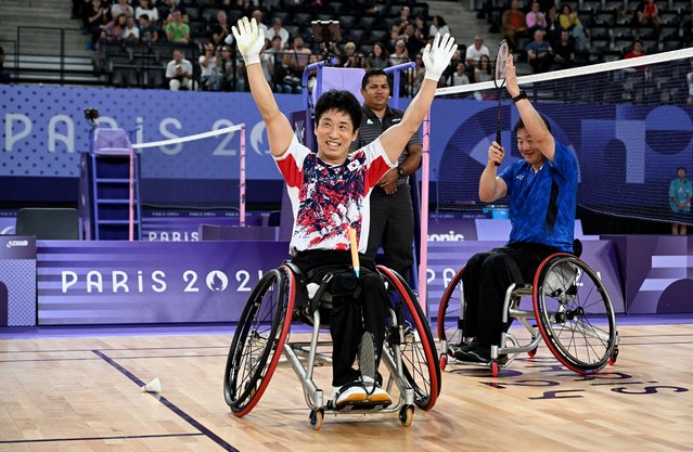 Jeong Jae-gun of South Korea celebrates after winning his match against Hiroshi Murayama of Japan in men's singles badminton WH1 quarterfinals in Paris, France on September 1, 2024. (Photo by Jennifer Lorenzini/Reuters)