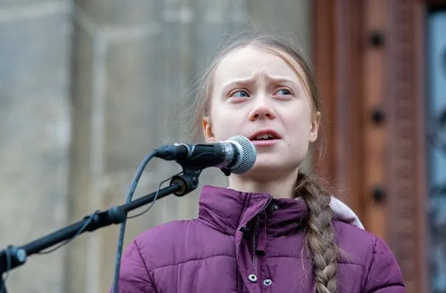 Greta Thunberg gives speech during 1st Anniversary Climate Strike in Lausanne on January 17, 2020 in Lausanne, Switzerland. (Photo by RvS.Media/Basile Barbey/Getty Images)