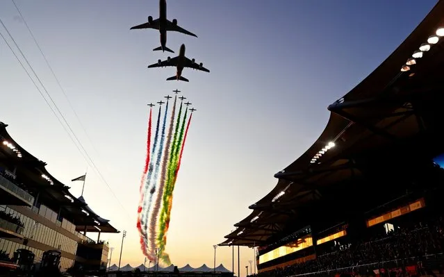 An aeronautical display is seen over the grid before the F1 Grand Prix of Abu Dhabi at Yas Marina Circuit on December 01, 2019 in Abu Dhabi, United Arab Emirates. (Photo by Mark Thompson/Getty Images)