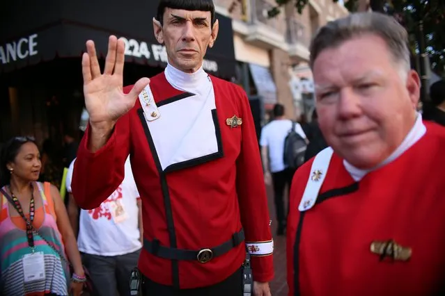 Cosplay characters dressed as Mr. Spock and Captain Kirk from Star Trek along 5th Ave.across from  the San Diego Convention Center during Comic Con International in San Diego, California on Thursday, July 20, 2017.  Comic Con International is North America's largest Comic convention featuring  pop culture and entertainment elements across virtually all genres, including horror, animation, anime, manga, toys, collectible card games, video games, webcomics, and fantasy novels as well as movie premieres and actor panels. (Photo by Sandy Huffaker/Getty Images)