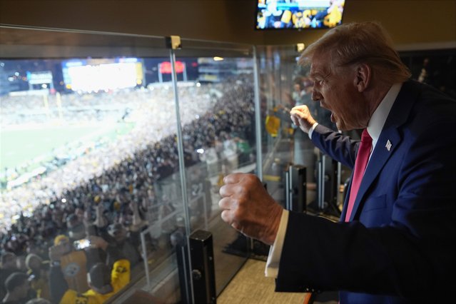 Republican presidential nominee former President Donald Trump attends the New York Jets football game against the Pittsburgh Steelers at Acrisure Stadium, Sunday, October 20, 2024, in Pittsburgh. (Photo by Evan Vucci/Pool via AP Photo)