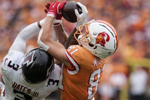 Atlanta Falcons safety Jessie Bates III (3) intercepts a pass intended for Tampa Bay Buccaneers wide receiver Ryan Miller (81) during the second half of an NFL football game, Sunday, October 27, 2024, in Tampa. (Photo by Chris O'Meara/AP Photo)