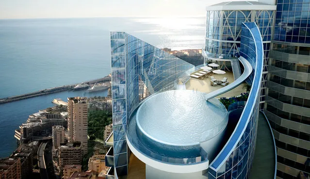 The five-story Sky Penthouse is expected to be complete in September 2015. The water slide extends from a dance floor in the residence down to a private infinity pool. (Photo by Tour Odeon)