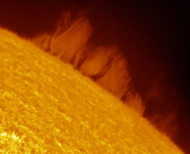 “Wall of Plasma”. A searing solar prominence extends outwards from the surface of the sun. The “wall of plasma” is the height of three times the Earth’s diameter. (Photo by Eric Toops/Royal Observatory Greenwich’s Astronomy Photographer of the Year 2016/National Maritime Museum)