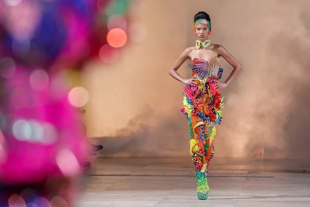 A model presents a creation from the Spring/Summer 2025 Haute Couture collection of Swiss designer Kevin Germanier during Paris Fashion Week, in Paris, France, 30 January 2025. (Photo by Christophe Petit Tesson/EPA/EFE)