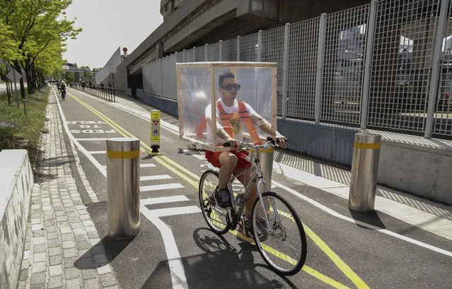 A view of a person with his DIY protection while cycling at Hudson Bicycle Path during the coronavirus pandemic on May 16, 2020 in New York City. COVID-19 has spread to most countries around the world, claiming over 308,000 lives with over 4.6 million infections reported. (Photo by John Nacion/STAR MAX/IPx)