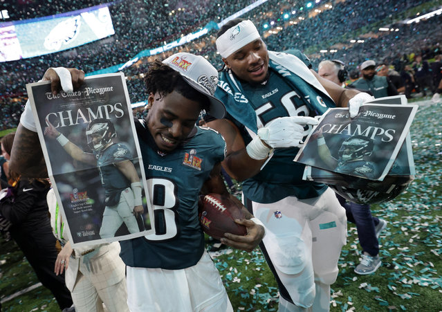 Philadelphia Eagles' C.J. Gardner-Johnson and Tyler Steen celebrate after winning Super Bowl LIX on February 9, 2025. (Photo by Mike Segar/Reuters)