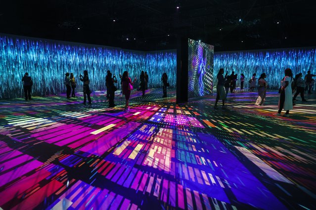 Visitors observe artworks at the “Da Vinci Genius—Interactive Immersive Experience” exhibition held at Nesco Centre in Mumbai, India, 23 January 2025. The exhibition in Mumbai, which runs from 23 to 29 January, uses digital technology to display Leonardo da Vinci's artworks and provide immersive experiences about his life. (Photo by Divyakant Solanki/EPA/EFE)