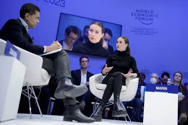 Finland's Prime Minister Sanna Marin, right, is interviewed by Fareed Zakaria at the World Economic Forum in Davos, Switzerland Tuesday, January 17, 2023. The annual meeting of the World Economic Forum is taking place in Davos from Jan. 16 until Jan. 20, 2023. (Photo by Markus Schreiber/AP Photo)