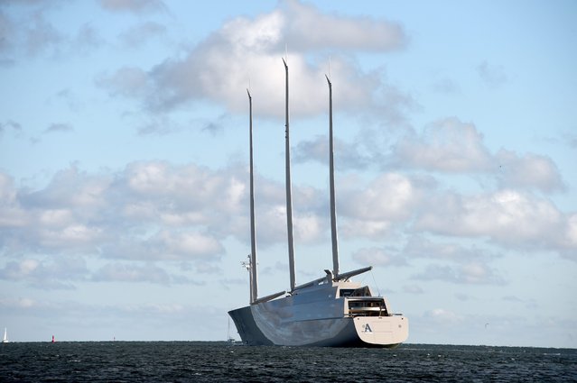 The 143-metre-long “Sailing Yacht A”, during a test run in Kiel, Germany, 04 October 2016. “Sailing Yacht A” was built for russian billionaire Melnichenko at the German Naval Yards in Kiel. The yacht's masts are around 90 metres high. “Sailing Yacht A” is rumoured to have cost Melnichenko more than €400 million. (Photo by Carsten Rehder/EPA)