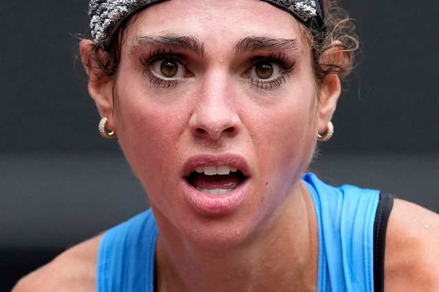 Uruguay's Julia Paternain reacts after crossing the finish line to win the bronze medal in the women's marathon at the World Athletics Championships in Tokyo, Sunday, September 14, 2025. (Photo by Matthias Schrader/AP Photo)