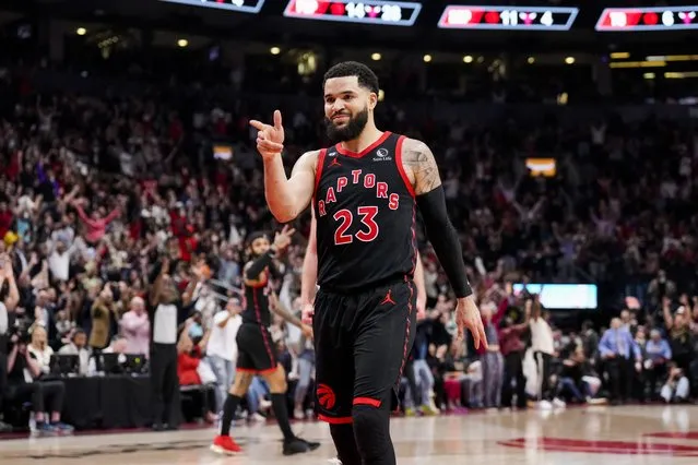 Fred VanVleet #23 of the Toronto Raptors reacts after hitting a three point shot at the end of the second quarter against the Chicago Bulls during the 2023 Play-In Tournament at the Scotiabank Arena on April 12, 2023 in Toronto, Ontario, Canada. (Photo by Andrew Lahodynskyj/Getty Images)