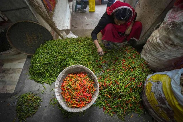 An Indian woman sorts chillis at a wholesale vegetable market in Guwahati, India, Wednesday, February 1, 2023. Indian Prime Minister Narendra Modi's government ramped up capital spending by a substantial 33% to $122 billion in an annual budget presented to Parliament on Wednesday, seeking to spur economic growth and create jobs ahead of a general election next year. (Photo by Anupam Nath/AP Photo)