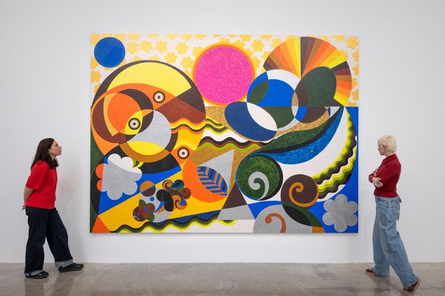 Alem do Horizonte, a solo exhibition by Beatriz Milhazes (b 1960, Rio de Janeiro), runs from 19 Nov 2025-17 Jan 2026 in London. The exhibition takes its title from Alem do Horizonte (2025), a new large-scale, wall-based installation by the renowned Brazilian artist. Also shown are new collages and paintings that expand upon the body of work originally created for the Applied Arts Pavilion at the 60th Venice Biennale in 2024, in collaboration with the V&A Museum. (Photo by Malcolm Park/Alamy Live News)