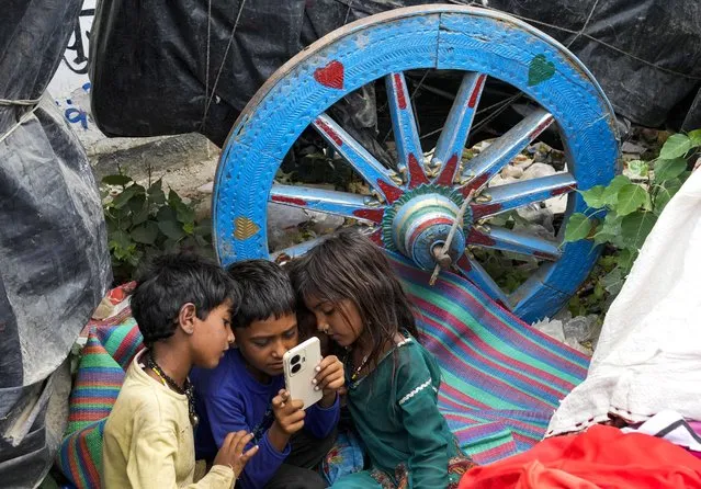 A group of nomadic children look at a mobile phone next to a bullock cart on a hot summer afternoon in Lalitpur district in northern Uttar Pradesh state, India, Sunday, June 18, 2023. (Photo by Rajesh Kumar Singh/AP Photo)