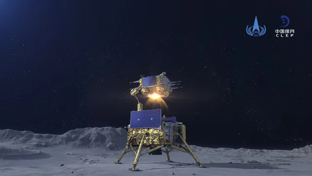 In this China National Space Administration (CNSA) photo released by Xinhua News Agency, a simulated image of the ascender of Chang'e-5 spacecraft blasting off from the lunar surface at the Beijing Aerospace Control Center (BACC) in Beijing on December 3, 2020. The Chinese lunar probe lifted off from the moon Thursday night with a cargo of lunar samples on the first stage of its return to Earth, state media reported. (Photo by China National Space Administration/Xinhua via AP Photo)