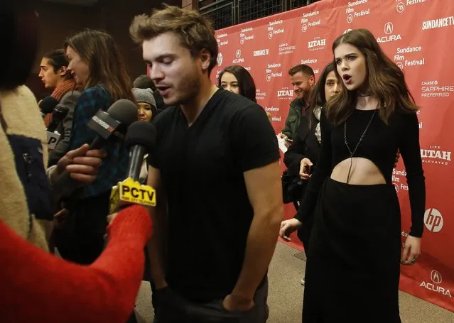 Actress Hailee Steinfeld reacts as actor Emile Hirsch is interviewed before the premiere of the film “Ten Thousand Saints” at the Sundance Film Festival in Park City, Utah, January 23, 2015. (Photo by Jim Urquhart/Reuters)