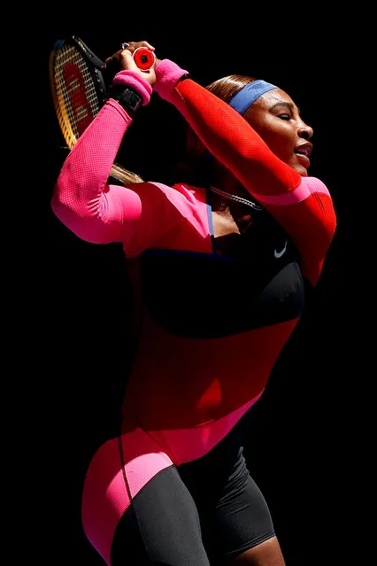Serena Williams of the United States plays a backhand in her Women's Singles third round match against Anastasia Potapova of Russia during day five of the 2021 Australian Open at Melbourne Park on February 12, 2021 in Melbourne, Australia. (Photo by Darrian Traynor/Getty Images)