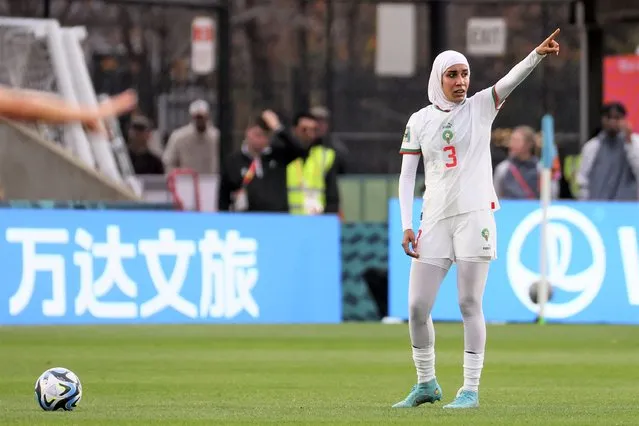 Morocco's Nouhaila Benzina gestures during the Women's World Cup Group H soccer match between South Korea and Morocco in Adelaide, Australia, Sunday, July 30, 2023. (Photo by James Elsby/AP Photo)