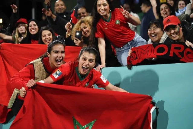 Morocco's Nesryne El Chad, center, celebrates with fans after the Women's World Cup Group H soccer match between Morocco and Colombia in Perth, Australia, Thursday, August 3, 2023. (Photo by Gary Day/AP Photo)