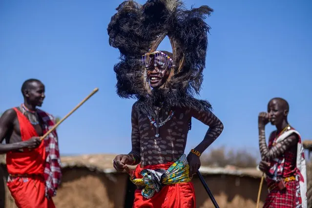 People of Masai Community perform a traditional dance show during the International Day of the World's Indigenous Peoples at Sekenani Camp in Masai Mara, Kenya on August 08, 2023. Masai community, one of the oldest tribes in East Africa, living in a semi-nomadic state, preserve their traditions and distinguish themselves from other tribes by wearing distinctive traditional clothing, and utilizing distinctive jewelry. The United Nations (UN) calls 'indigenous peoples' societies that have settled in a certain geography before being occupied by other peoples or states, and have been able to fully or partially preserve their traditional values, social, cultural or political ways of life and traditional institutions. (Photo by Gerald Anderson/Anadolu Agency via Getty Images)