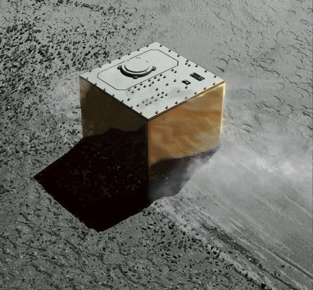 This computer graphic image provided by the Japan Aerospace Exploration Agency (JAXA) shows the Mobile Asteroid Surface Scout, or MASCOT, lander on the asteroid Ryugu. The Japanese unmanned spacecraft Hayabusa2 dropped the German-French observation device, MASCOT, on Wednesday, October 3, 2018, to land on the asteroid as part of a research effort intended to find clues to the origin of the solar system. (Photo by JAXA via AP Photo)