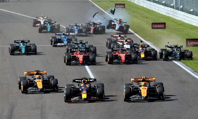 Alfa Romeo's Valtteri Bottas and Williams' Alexander Albon collide during the Japanese Grand Prix in Suzuka, Japan on September 24, 2023. (Photo by Issei Kato/Reuters)