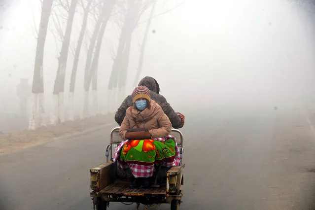 A woman sits on the back of a motorcycle in smog during a polluted day in Liaocheng, Shandong province, China, December 19, 2016. (Photo by Reuters/Stringer)