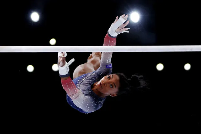 Simone Biles of Team United States competes on the Uneven Bars during the Women's Team Final on Day Five of the 2023 Artistic Gymnastics World Championships on October 04, 2023 in Antwerp, Belgium. (Photo by Naomi Baker/Getty Images)