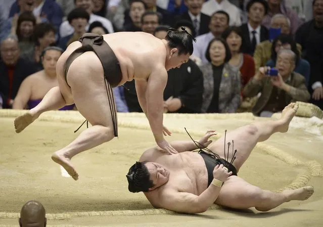 Mongolian yokozuna Hakuho takes down ozeki Goeido with an overarm throw at the Spring Grand Sumo Tournament in Osaka on March 18, 2015, improving to 11-0 in the 15-day meet. (Photo by Kyodo via AP Images)
