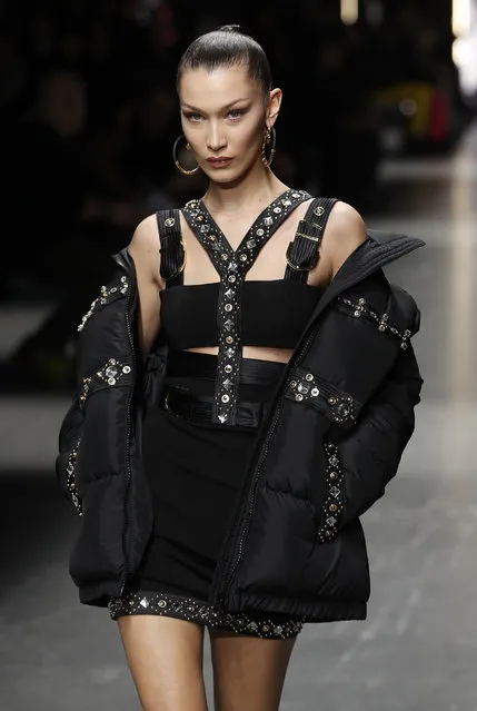 Supermodel Bella Hadid wears a creation as part of the Versace men's Fall-Winter 2019-20 collection, that was presented in Milan, Italy, Saturday, January 12, 2019. (Photo by Antonio Calanni/AP Photo)