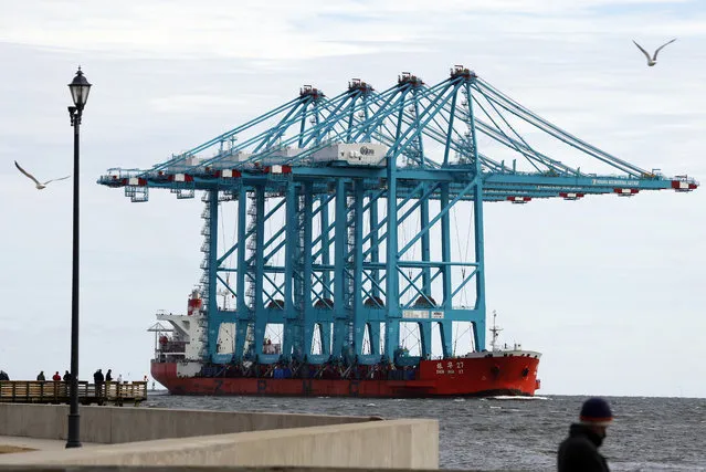 Spectators crowd a pier as they watch a Chinese ship carrying giant cranes approach the entrance to Hampton Roads in Hampton, Va., Monday, January 7, 2019. The four new ship- to-shore cranes are part of the $320 million expansion of Virginia International Gateway. (Photo by Steve Helber/AP Photo)