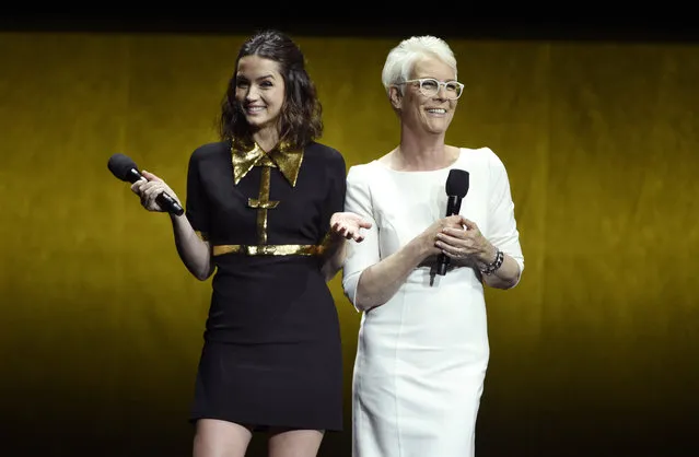 Ana de Armas, left, and Jamie Lee Curtis, cast members in the upcoming film “Knives Out”, discuss the film during the Lionsgate presentation at CinemaCon 2019, the official convention of the National Association of Theatre Owners (NATO) at Caesars Palace, Thursday, April 4, 2019, in Las Vegas. (Photo by Chris Pizzello/Invision/AP Photo)