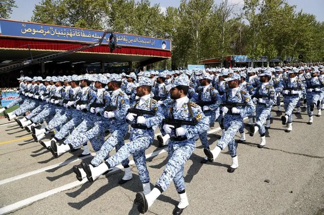 Iranian soldiers parade during the annual Army Day celebration at a military base in Tehran, Iran, 17 April 2024. According to Iranian state media, Raisi described the recent attack launched towards Israel as “limited” and “punitive”, adding that any act of aggression against Iran will be dealt with a “powerful and fierce” response. Iran's Islamic Revolutionary Guards Corps (IRGC) launched drones and rockets towards Israel late on 13 April. (Photo by Abedin Taherkenareh/EPA/EFE)