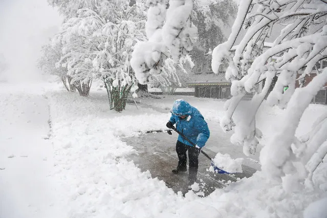 Amanda Davidson shovels snow outside her home along Carrleigh Parkway on Monday January 03, 2022 in Springfield, VA. (Photo by Matt McClain/The Washington Post)