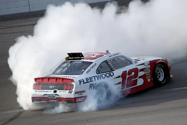 Joey Logano, driver of the #12 REV Ford, celebrates with a burnout after winning the NASCAR XFINITY Series Boyd Gaming 300 at Las Vegas Motor Speedway on March 11, 2017 in Las Vegas, Nevada. (Photo by Chris Graythen/Getty Images)