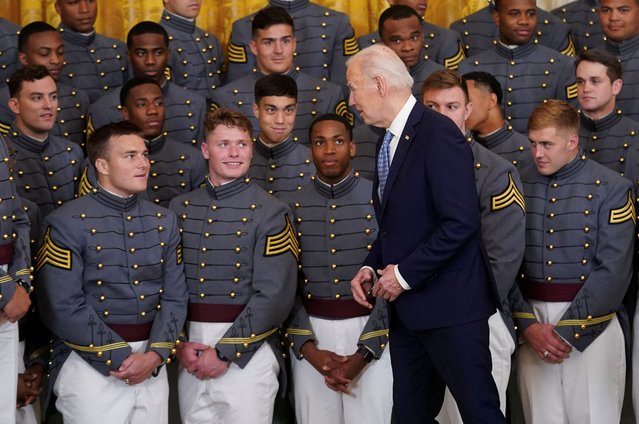 President Joe Biden speaks to cadets during an event honoring the Commander-in-Chief's Trophy winner, the United States Military Academy Army Black Knights football team, at the White House in Washington on May 6, 2024. (Photo by Kevin Lamarque/Reuters)